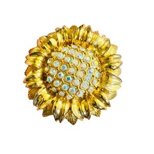 VTG Sunflower Jeweled Brooch Signed MOD Aurora Borealis Rhinestone‎ Flower Gold